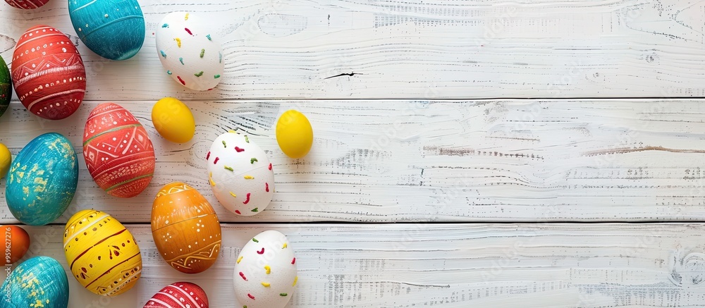 Poster colored easter eggs on a white wooden background. copy space image. place for adding text and design