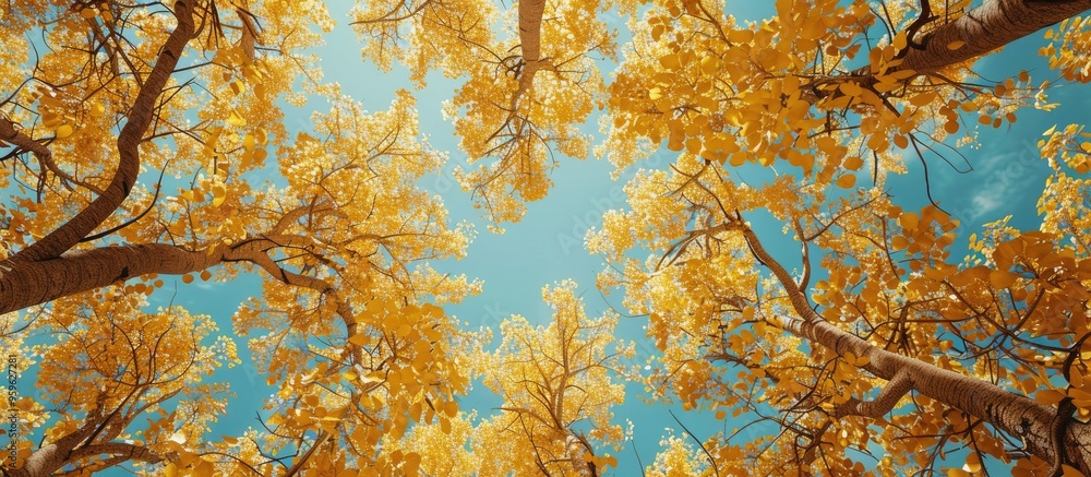 Poster yellow tree leaves viewed from below against the sky suitable for a natural background. copy space i