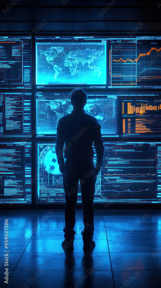Poster a man stands in front of a computer monitor with a blue screen. the man is looking at the screen, an