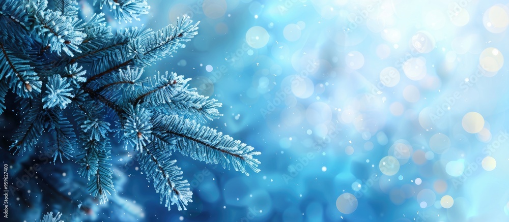 Canvas Prints blue spruce branch against a blurred blue winter background. copy space image. place for adding text