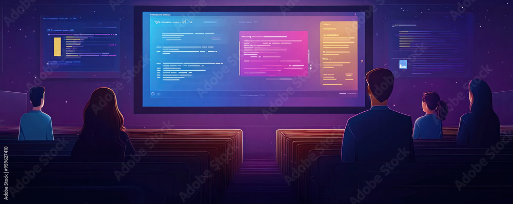 Poster a group of people are watching a computer screen with a colorful display. scene is lively and engagi