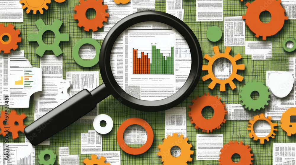 Poster a magnifying glass is looking at a bunch of gears and graphs. the gears are of different sizes and c