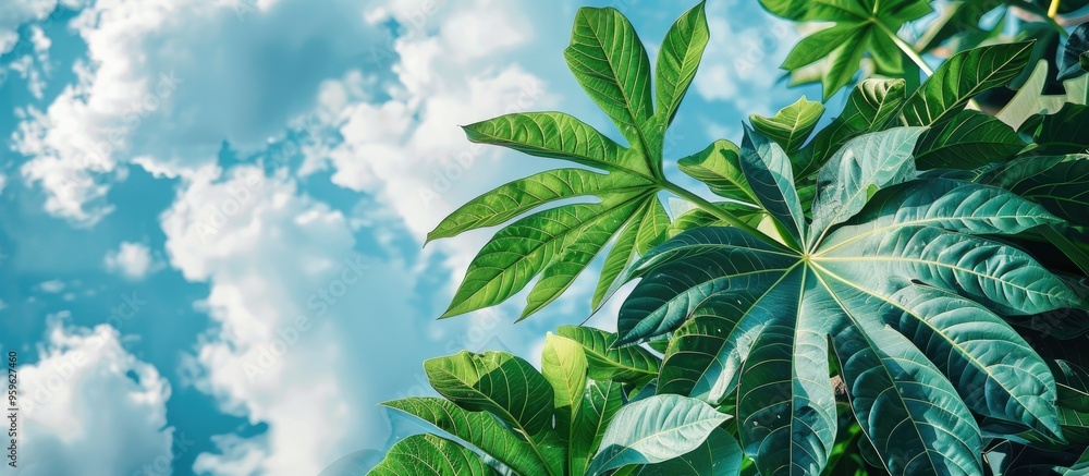 Poster green papaya tree leaves against a backdrop of white clouds and a blue sky. copy space image. place 