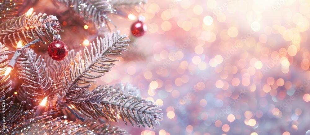 Aufkleber christmas card featuring fir and decorations on a glittery background. copy space image. place for a