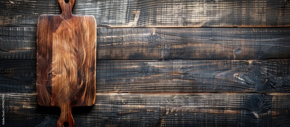 Poster cutting board on a wooden surface background. copy space image. place for adding text and design