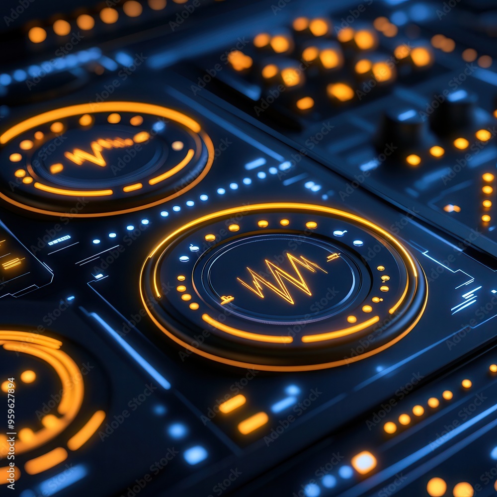 Poster futuristic digital control panel with glowing orange interface elements, perfect for tech and sci-fi