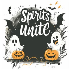 Halloween design with ghosts, pumpkins, and text "Spirits Unite".
