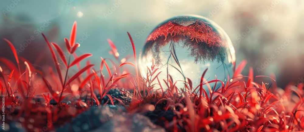 Poster crystal ball photography of red grass plants using a lens. copy space image. place for adding text a