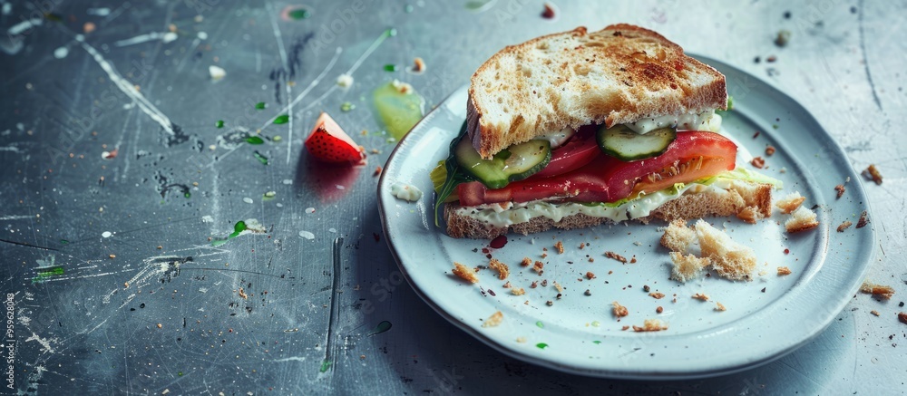 Poster tortured bitten sandwich on a plate. copy space image. place for adding text and design