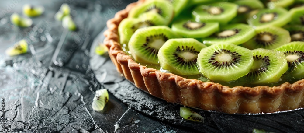 Poster tasty kiwi filling pie on a stone background with copy space for your text