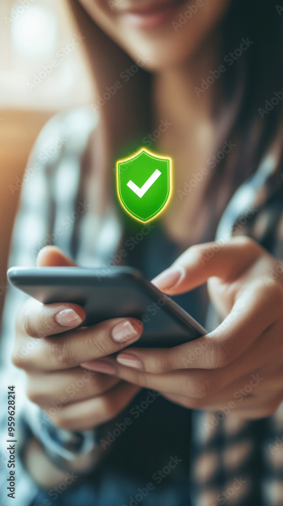 Poster a woman is holding a cell phone and a green shield is displayed on the screen. the shield has a chec