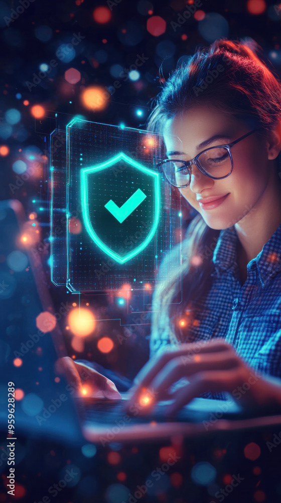 Poster a woman is typing on a laptop with a green check mark on the screen. concept of security and trust, 