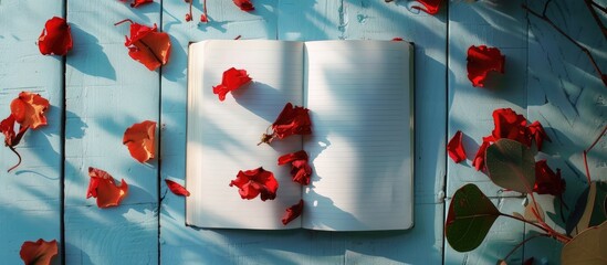 The shadow of a houseplant is cast on a blank page of an open notebook Scattered around the notebook are red dried petals The idea of organizing learning and journaling Flat lay Copy space