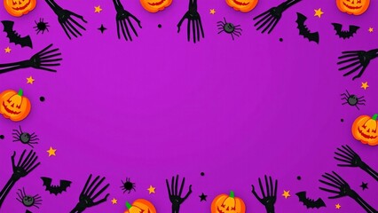 Halloween Border with Pumpkins, Skeleton Hands, and Spooky Elements on Purple Background