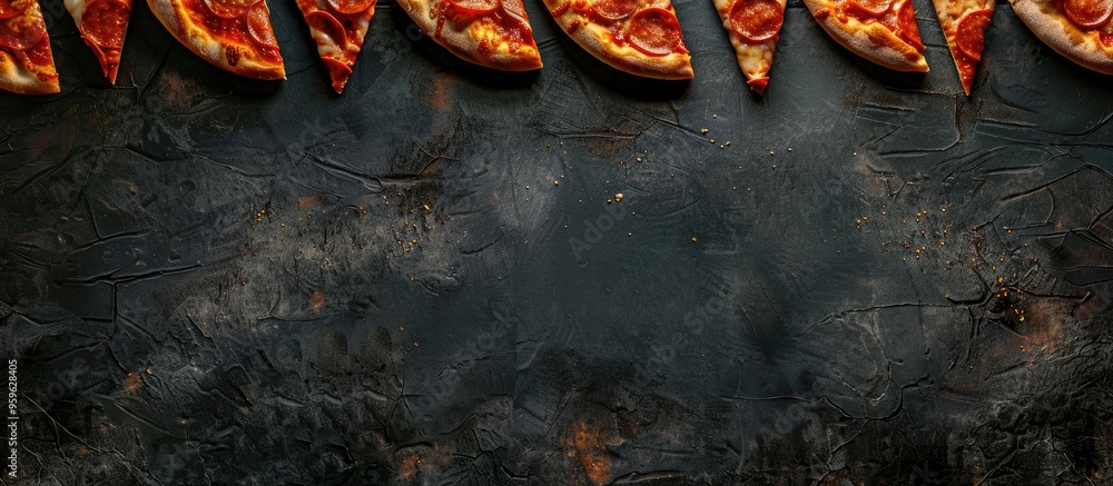Poster pizza slices arranged in a row on a worn dark black textured background with copyspace at the top