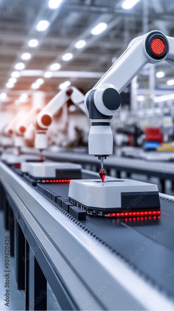 Poster a robot is working on a conveyor belt in a factory. the robot is white and has red lights on it