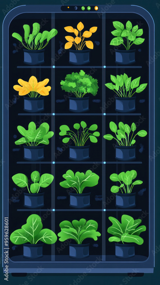 Aufkleber a row of potted plants are displayed in a blue container. the plants are of various sizes and colors