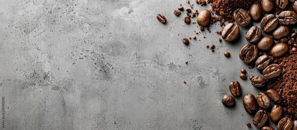 Sticker Roasted coffee beans and ground coffee on a gray background Copyspace Viewed from directly above