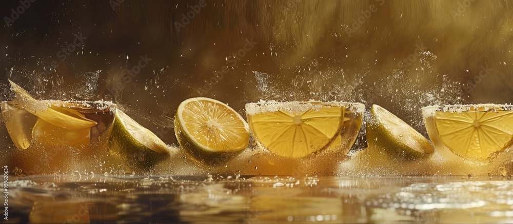 Poster golden tequila shots accompanied by lime slices and salt rims captured in a panoramic photo. copy sp