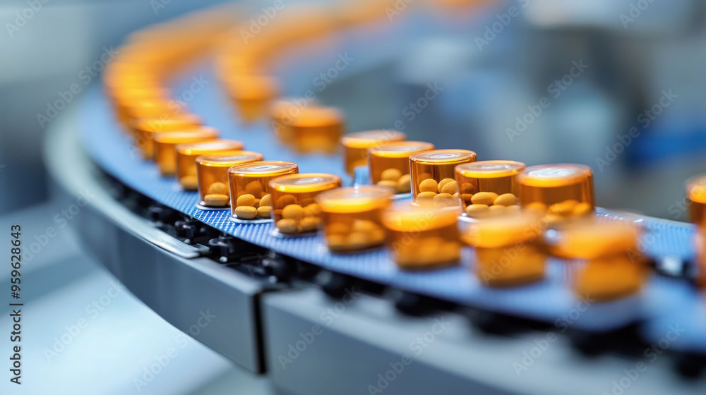 Poster a conveyor belt with many orange pills on it. the pills are in small bottles and are being made in a