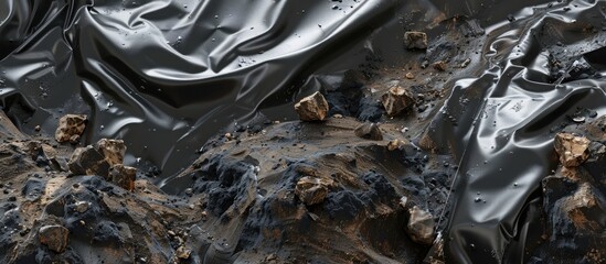 Industrial backdrop of black plastic construction sheeting covering moist soil and rock debris at an excavation site. Copy space image. Place for adding text and design
