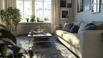 Obraz premium A cozy living room with a comfortable sofa and a coffee table, designed with a stylish touch.