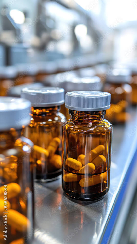 Poster a row of brown bottles with white lids on a table. the bottles are filled with pills