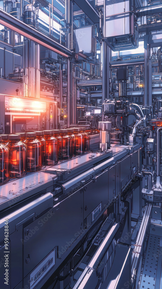 Poster a futuristic industrial setting with a robotic arm in the foreground. the scene is illuminated with 