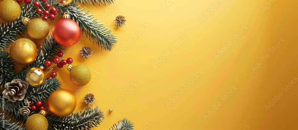 Poster christmas decorations on a yellow background. copy space image. place for adding text and design