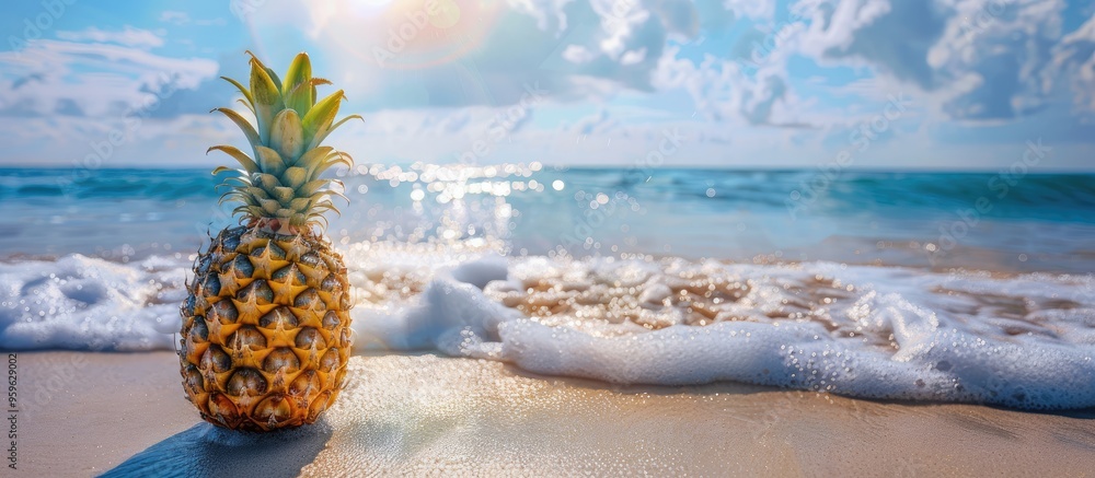 Poster tropical pineapple on the beach with the blue ocean in the background. copy space image. place for a