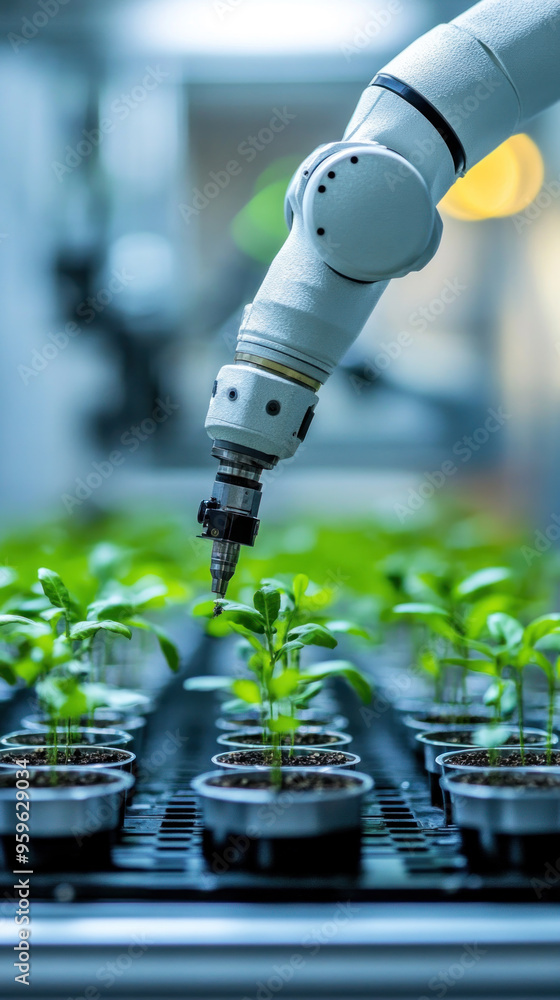 Aufkleber a robot is tending to a row of plants in a greenhouse. the robot is using a tool to water the plants