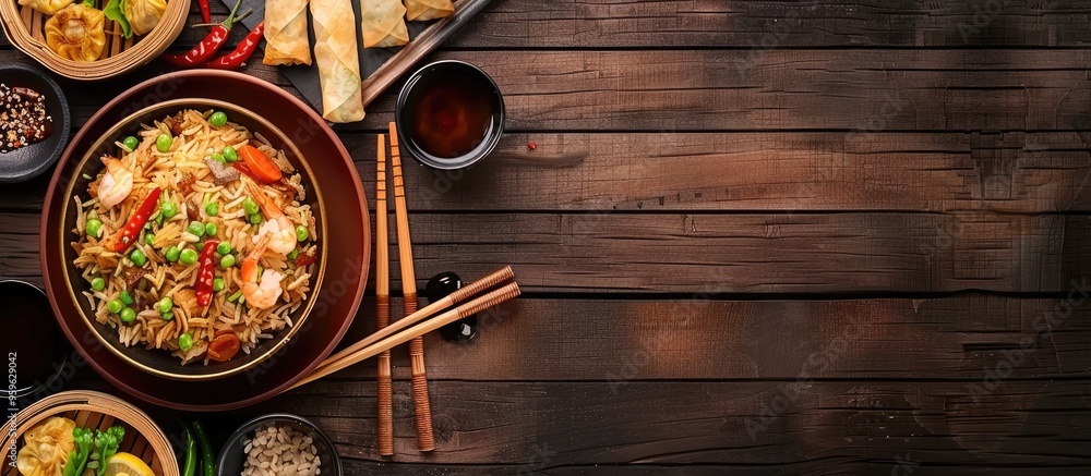 Aufkleber chinese cuisine including fried rice and spring roll dim sum. copy space image. place for adding tex