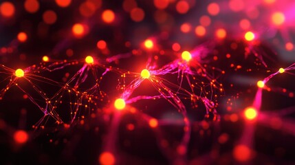 A digital background showcasing a 3D representation of neural networks, with glowing nodes connected by bright lines