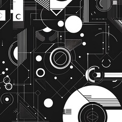 Obraz premium A bold white line illustration of overlapping geometric shapes, with a focus on triangles, circles, and hexagons, creating an abstract, futuristic design. 8k UHD, suitable for high-quality printing 