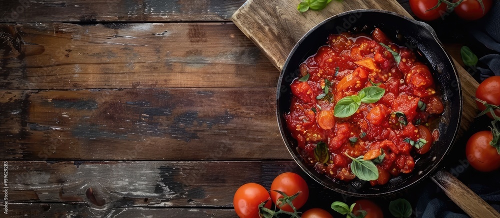 Poster close up of homemade crushed tomatoes in a frying pan on a rustic table with copyspace