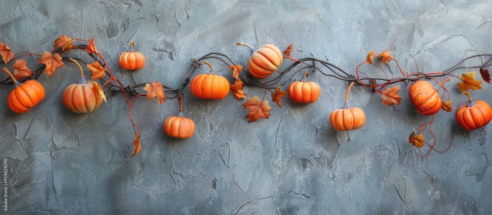 Sticker Autumn holiday greeting card idea a garland of orange artificial pumpkins set against a gray textured background copy space