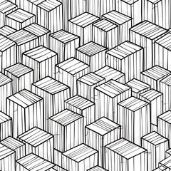 A futuristic white line drawing of geometric shapes stacked and layered to form a multidimensional pattern, offering a bold and intricate look. 8k UHD, suitable for high-quality printing or 