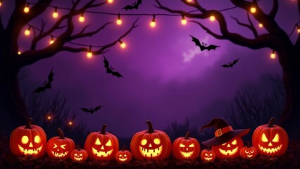 Glowing Jack-o'-Lanterns with Witch Hats in a Spooky Forest Setting