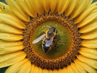 A honeybee pollinates a sunflower with yellow petals and a brown center. The sunflower is covered in water droplets, creating a sense of freshness.