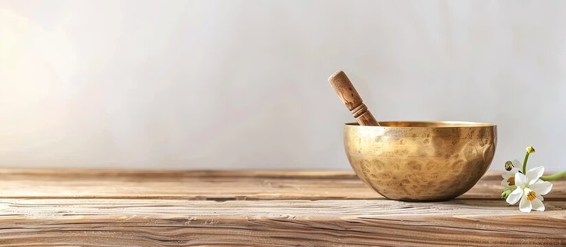 Golden singing bowl mallet and flower placed on a wooden table with a white background providing space for text. Copy space image. Place for adding text and design