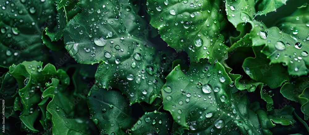 Poster green lettuce leaves rich with water droplets on the surface. copy space image. place for adding tex