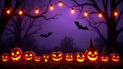 Glowing Jack-o'-Lanterns with Witch Hats in a Spooky Forest Setting