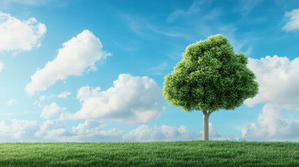 A solitary tree stands in lush green field under bright blue sky with fluffy clouds, symbolizing tranquility and natures beauty.