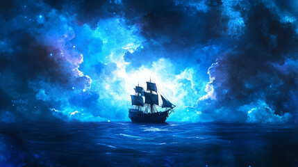 Obraz premium A ghost ship sailing through stormy night, surrounded by mystical blue atmosphere. scene evokes sense of adventure and mystery.