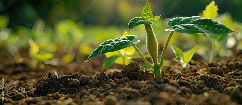 Poster a fresh green bean seedling emerges from the soil in a summer vegetable garden. copy space image. pl