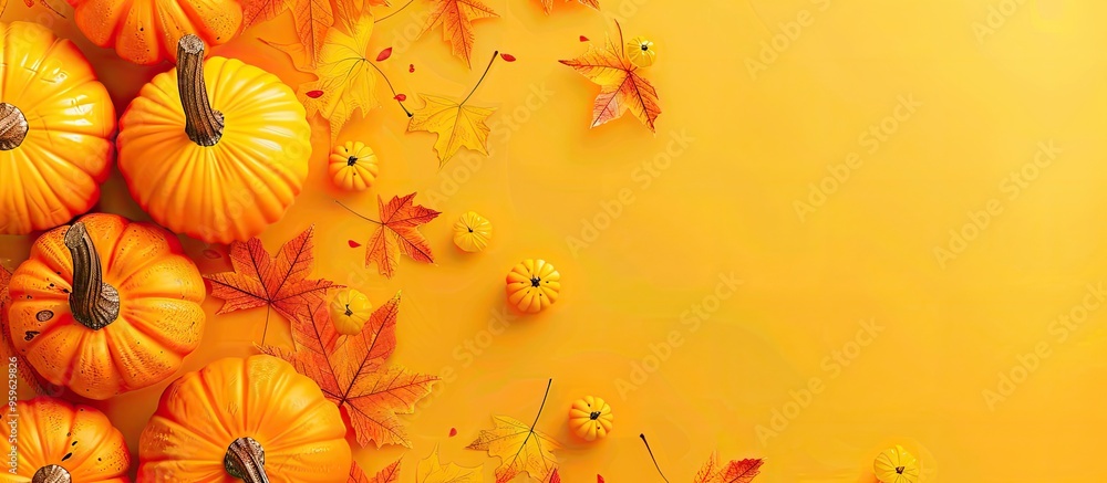 Aufkleber pumpkins and maple leaves set against a yellow background autumn halloween thanksgiving theme flat l