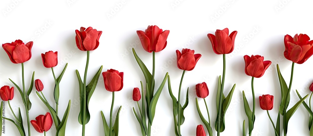 Poster vivid red tulips on a white background. copy space image. place for adding text and design