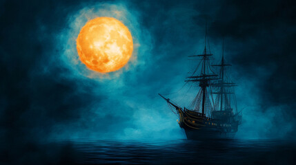 Fototapeta premium A haunted pirate ship sails under ghostly full moon, surrounded by misty waters, evoking sense of mystery and adventure.