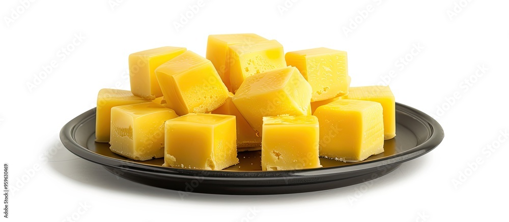Aufkleber the pudding cake resembles tempting yellow cheese cubes it sits on a round black paper base isolated