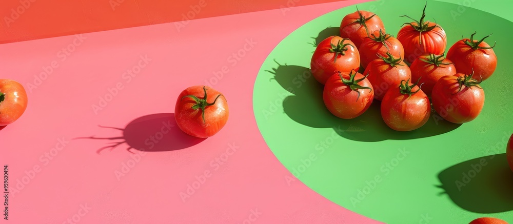Poster tomatoes emerge from a hole surrounded by a pink ring on a green and red backdrop minimal abstract d
